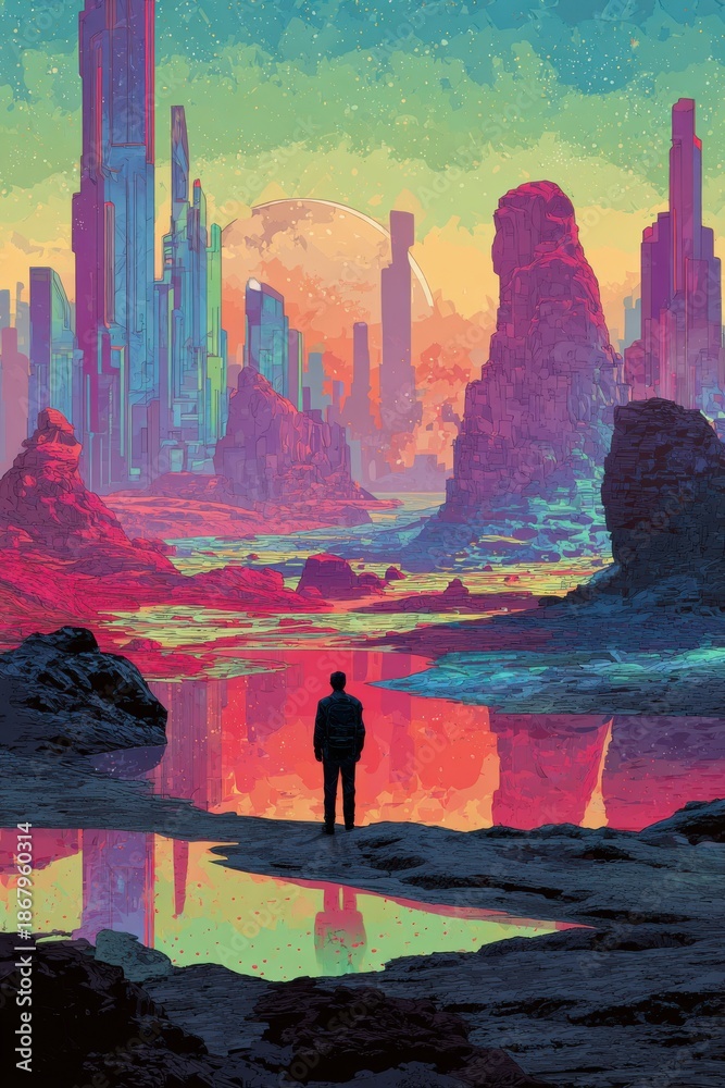 Fototapeta premium Lone Figure Gazes At Futuristic Cityscape Under A Vibrant Pixelated Sunset Sky