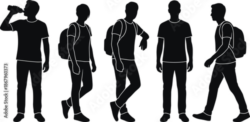 Male silhouette characters with backpack in casual walking poses, black and white minimalist illustration set for travel, lifestyle, and design