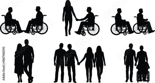 People and wheelchair user silhouettes holding hands, inclusive relationships and support, black and white illustration set representing disability, love, equality, and lifestyle