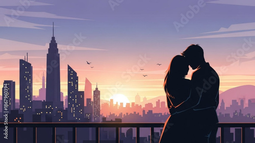 Couple embracing on a balcony overlooking a city skyline at sunset romantic silhouette illustration for love and travel concepts