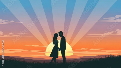 Silhouette of a loving couple holding hands at sunset romantic landscape with sun rays and rolling hills perfect for expressing love and togetherness