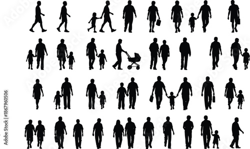 People walking silhouettes collection with parents, children, strollers, and everyday activities, black and white illustration set for lifestyle, family, and urban life