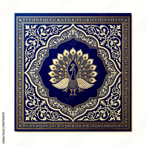 Ornate square featuring two peacocks with gold and blue intricate floral and geometric isolated on a transparent background