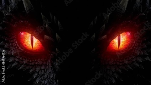 A close-up view of glowing red eyes peering out from darkness, suggesting a mythical creature