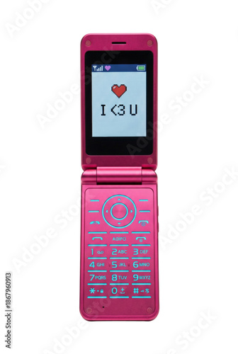 Obraz na płótnie Pink metallic flip phone with pixel heart screen. Retro mobile technology.