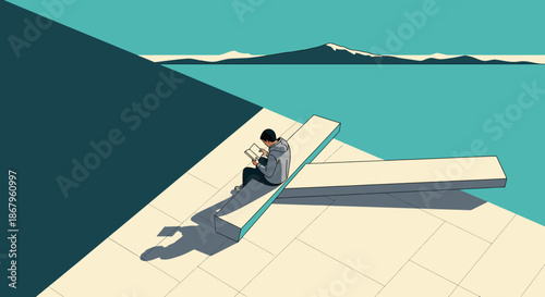 A lone figure enjoys a moment of quiet contemplation and intellectual pursuit, reading a book outdoors by the water with a serene mountain backdrop.