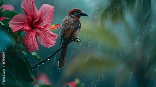Tiny Tropical Bird with Ocean and Palm Tree Background