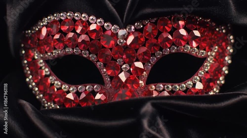 A close-up of a decorative masquerade mask encrusted with red and clear gemstones on a dark fabric