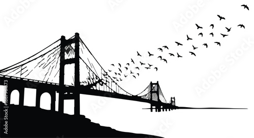 Silhouetted suspension bridge with a flock of birds soaring into the distance against a bright sky.