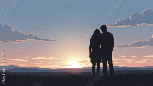 Couple silhouetted against a vibrant sunset standing on a hill overlooking rolling landscape symbolizing romance and togetherness