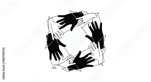 Diverse hands forming a supportive circle, symbolizing unity and teamwork against a clean background.