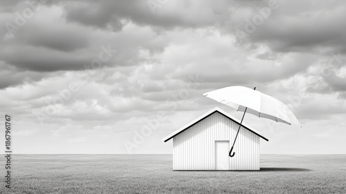 White umbrella protects small house under cloudy sky, symbolizing safety and security
