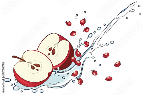 Vibrant illustration of fresh red apple slices with visible seeds, splashing water, and scattered pomegranate seeds, symbolizing health, freshness, and wellness food concepts.