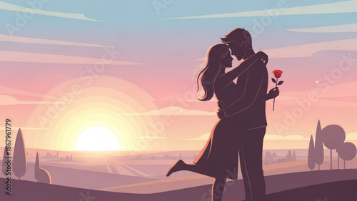 Couple embracing at sunset with rose romantic silhouette illustration for love and relationship concepts soft pastel sky background