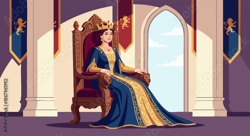Queen Sitting on Throne
A flat vector illustration of a regal queen sitting gracefully on an ornate throne, wearing a crown and flowing royal gown. Simple palace interior with pillars and banners. 
