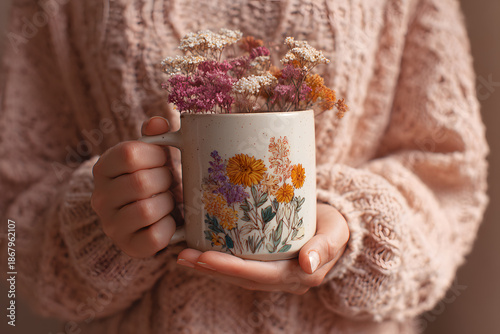 a woman holding a cup with flowers in it