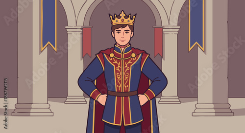 Prince Standing in Palace
A flat vector illustration of a young prince standing confidently in a palace hall, wearing a crown or royal headpiece and elegant royal attire