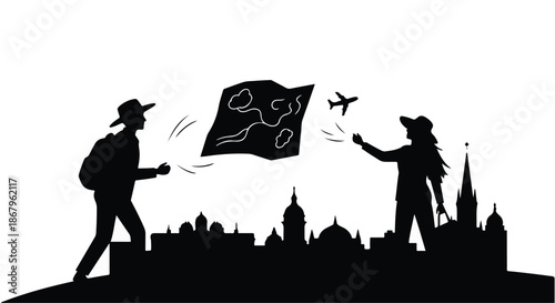 Adventurous couple planning a journey with a map against a city skyline and airplane.