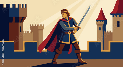 Prince Holding Sword
A flat vector illustration of a prince holding a sword with both hands, standing in a heroic pose. Castle walls in the background. Flat vector design with bold shapes and medieval