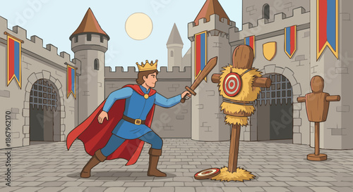 Prince Practicing Sword Training
A flat vector illustration of a prince training with a sword in a courtyard. Training dummies and castle walls visible. Flat vector illustration with dynamic posture.