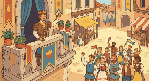 Prince Giving Royal Greeting
A flat vector illustration of a prince greeting citizens with a polite gesture from a balcony or courtyard. Flat vector illustration with warm and approachable mood.