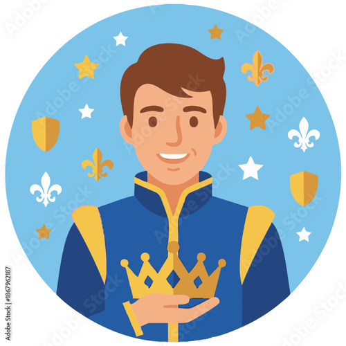 Friendly Prince Portrait
A flat vector illustration of a friendly prince smiling confidently, holding a crown or sword. Simple background with royal icons such as stars and shields. 