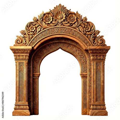 Ornately carved wooden archway with detailed floral and geometric patterns and intricate isolated on a transparent background
