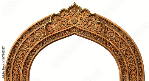 Closeup of an intricately carved golden archway with detailed floral and geometric patterns isolated on a transparent background