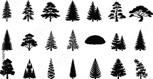 Tree silhouette collection featuring pine, fir, oak, and stylized forest trees, black and white minimalist illustration set for nature design