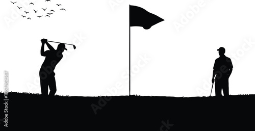Silhouette golfers on putting green with flag, swing action at sunset, minimalist black and white outdoor sport scene illustration landscape