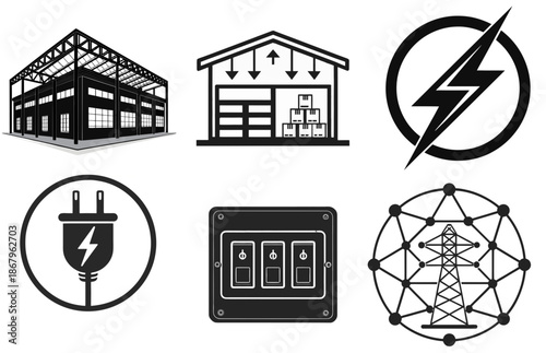 Power-Ready Logistics Facility Black Vector Icon Sheet , Transparent background