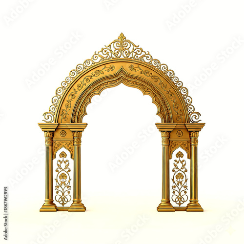 Intricately carved golden archway with swirling floral patterns and detailed ornamental on isolated on a transparent background