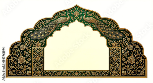 Decorative frame with peacock motifs and intricate floral patterns in green and gold colors isolated on a transparent background