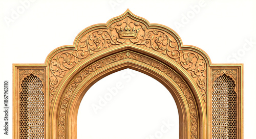 Ornate golden archway with floral carvings and lattice panels on a white background isolated on a transparent background