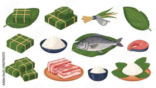 A collection of ingredients for making Vietnamese Chung cake, including sticky rice, pork belly, fish, and banana leaves for wrapping.