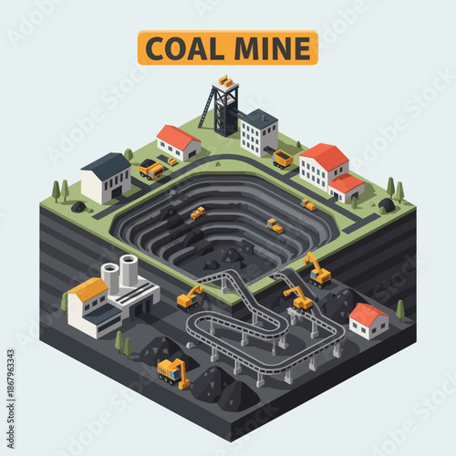 Isometric Illustration of Coal Mine Operation.