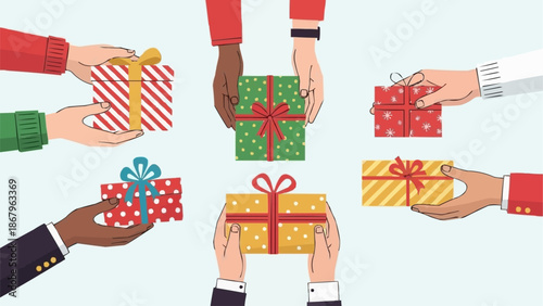 Hands holding various gift boxes with ribbons and bows.