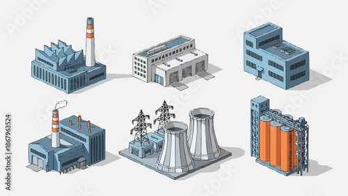 Collection of industrial factory buildings and power plant structures.