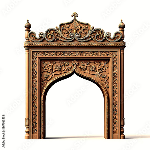 Ornate wooden archway with intricate floral and geometric carvings in a classical isolated on a transparent background