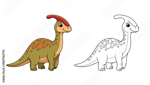 A friendly cartoon Parasaurolophus dinosaur shown in a colorful version and a black and white outline for a children's coloring page.