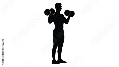 Silhouette of a muscular man performing a dumbbell bicep curl exercise holding heavy weights in a static pose ready for weightlifting training or strength development