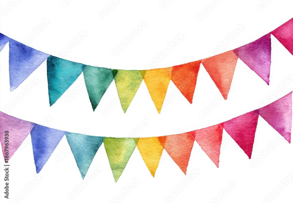 Fototapeta premium Two Rows Of Colorful Watercolor Bunting Flags In Rainbow Colors Isolated On White Background