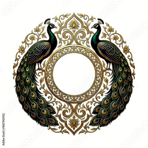 Two peacocks facing each other in a circular frame with intricate floral and geometric isolated on a transparent background