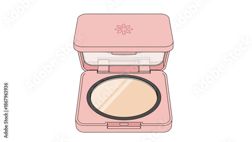 Pretty compact powder case with mirror and makeup product isolated on white background cartoon style