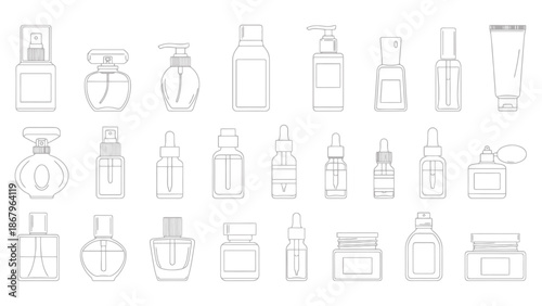 Cosmetic Container Line Art Collection Bottles Droppers and Jars for Skincare and Beauty Products