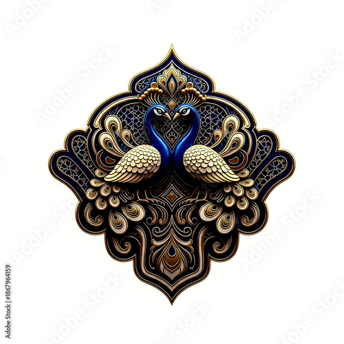 Two peacocks with elaborate feathers in a symmetrical with intricate floral patterns in isolated on a transparent background