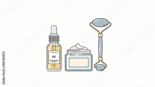 Skincare Routine Products Serum Bottle Cream Jar and Jade Face Roller