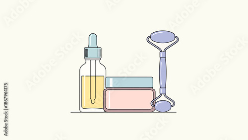 Beauty and Skincare Routine Essentials Facial Roller Serum Bottle and Cream Jar Collection