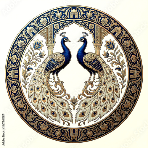 Two peacocks with elaborate feathers and intricate floral patterns in a circular frame isolated on a transparent background