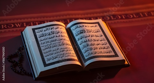 holy Quran on prayer mat, ramadan concept, minimalist and elegant background